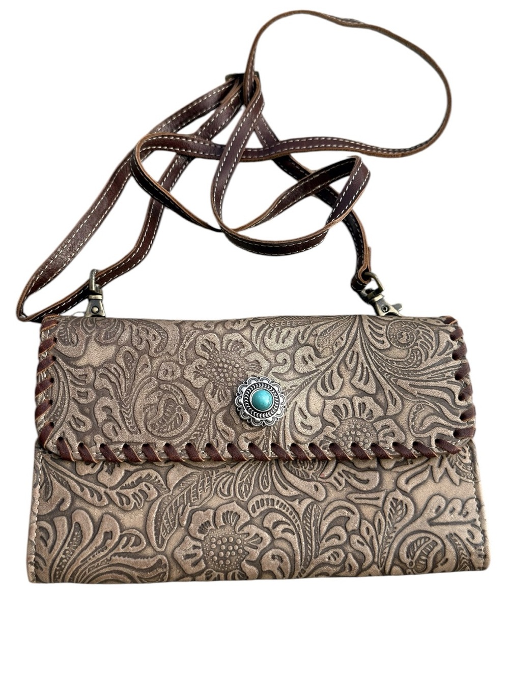 Myra Tooled Leather Crossbody Wallet Brown Floral Western Organizer
